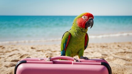 A bright parrot sits on a suitcase on the beach. Travel time, vacation on a tropical island, advertising of a tourist tour, excursions