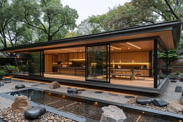 Poster - Modern living room with large windows offering a forest view, featuring sleek decor and ambient lighting for a luxurious and inviting home setting