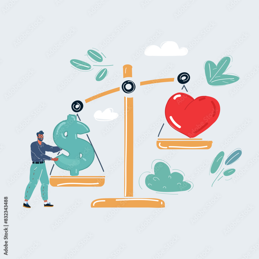 Cartoon vector illustration of man who make chose between work life ...