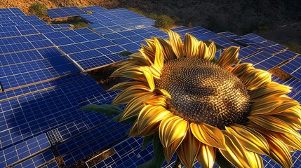 Wall Mural - A top-down view of a solar panel array forming the shape of a sunflower, demonstrating innovative design in renewable energy technology.