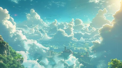 Wall Mural - Anime inspired fantasy landscape with clouds and castle for a dreamy digital art design