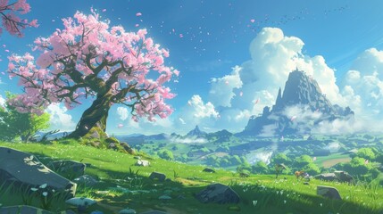 Sticker - Anime inspired fantasy landscape with clouds and castle for a dreamy digital art design