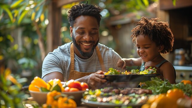 Father with little son grilling outside during family summer garden party
