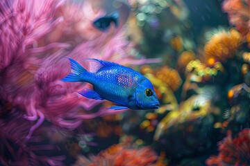 Wall Mural - Electric blue fish swimming in magentatinted underwater world