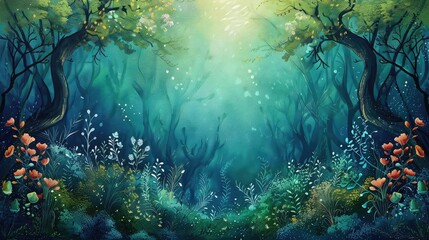 Fantasy underwater reef with mythical sea creatures and enchanted plants, vibrant blues and greens, digital painting, whimsical and enchanting,