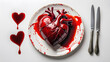 © Tark - Plate on white background. Bloody human heart on a plate. Generative AI
