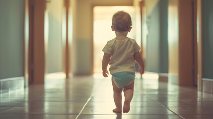 Cute baby boy in diaper walking away in bright house interior