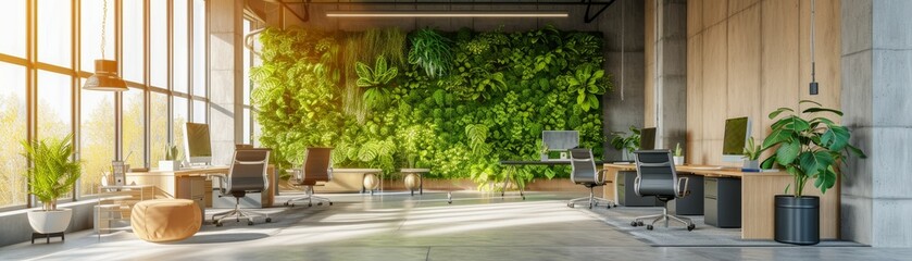 Wall Mural - An eco-friendly office interior designed with biophilic elements, featuring a spacious open-plan workspace with living walls, natural light, and recycled furniture, promoting a healthy