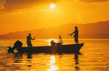 a image of two men fishing in a boat at sunset