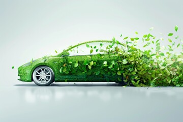 Wall Mural - Electric car, clean green energy concept, EV car covered with green plants, illustration,