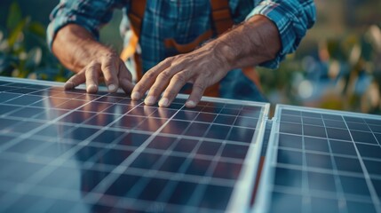 Wall Mural - Close-up of hands installing a small solar panel on a home balcony, empowering sustainable living.