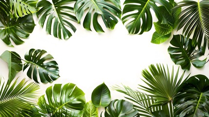 Wall Mural - Tropical leaves frame background with copy space top view.