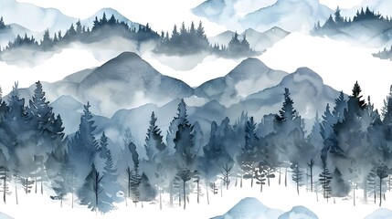 Hand painted watercolor illustration, seamless pattern of misty forest
