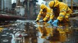 © BMMP Studio - Two workers in yellow hazmat suits and gas masks, cleaning up an oil spill in an industrial area, demonstrating environmental remediation efforts.