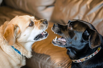 Two dogs are fighting over a toy.