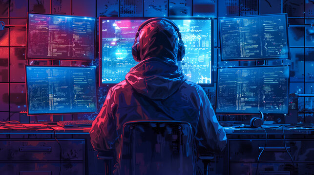 A hacker in a hoodie sitting at a desk with multiple computer screens display code and digital data for data cyber security concept, Photo by AI generative.