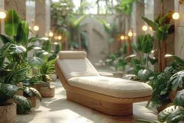 Sticker - Tropical indoor oasis with lush greenery and comfortable seating, creating a serene and refreshing atmosphere for relaxation and rejuvenation