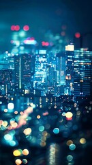 Wall Mural - A high angle view of a blurry cityscape at night with bokeh lights