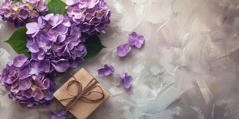 Sticker - Gift box and purple Hydrangea macrophylla flowers on light background