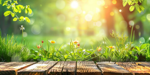 Wall Mural - empty a wooden table top on green grass, blurred nature bokeh in sunlight, Spring background and ,for product display montage 