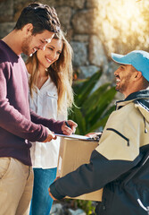 Canvas Print - Shipping, delivery man with package boxes and couple at front door for logistics. Distribution or online shopping, courier supply chain or ecommerce and happy customer with cardboard parcel packaging