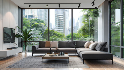 Wall Mural - Interior of light living room with grey sofa, coffee table and b