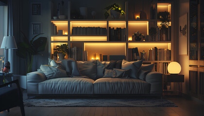 Wall Mural - Interior of dark living room with couch, shelving units and glow