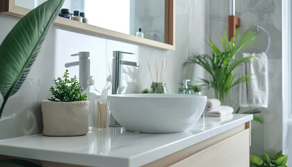 Wall Mural - Interior of light bathroom with counters, sink and mirror