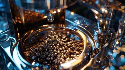 Close-up of roasted coffee beans in a metal container