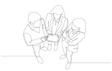 Wall Mural - Continuous one line drawing of young businesswoman holding tablet to discuss work with colleagues, consultation about work concept, single line art.
