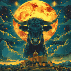Wall Mural - a cow for sacrifice with backgroud mosque and moon