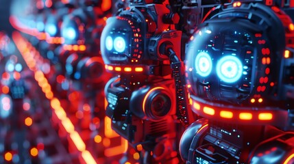 2905 31 Detailed close-up of robots in a math race, using holographic displays