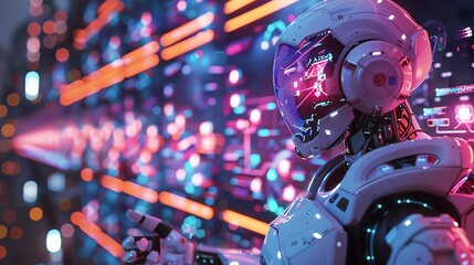 2905 31 Detailed close-up of robots in a math race, using holographic displays