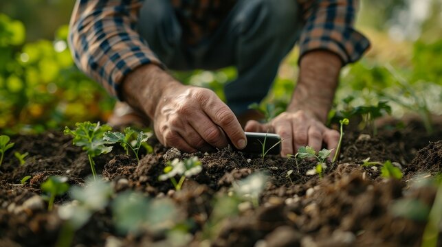 A close-up of a farmer using a smartphone app to monitor soil health and crop growth, illustrating the integration of digital technology in traditional farming practices.