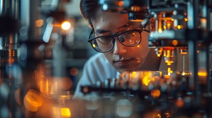 a close-up shot of a scientist adjusting a quantum sensor apparatus in a high-tech laboratory, showc