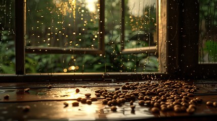 Coffee beans on a rainy day for cafe or coffee themed designs