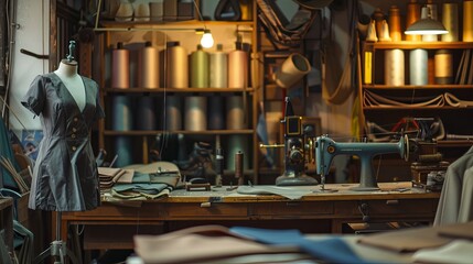 Wall Mural - A tailor workshop with the artisan measuring fabric on a mannequin, vintage sewing machines and spools of thread visible.