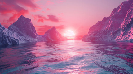 A beautiful pink sunset over a body of water with mountains in the background