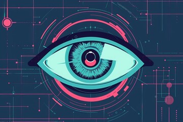 Futuristic digital eye concept illustration with vibrant colors and technological elements, depicting vision and technology integration.