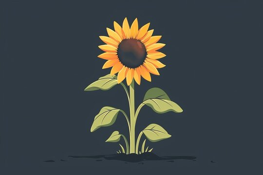 Illustration of a vibrant single sunflower with green leaves against a dark background. Perfect for nature-themed designs and art projects.