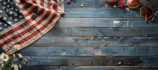 Canvas Print - op View of a Grey Wooden Desk with American Flag, Sunglasses