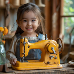 Wall Mural - Smiling Asian girl with braid twintails in bright orange knitted sweater sitting at a sewing table to sew cloth with a machine in her cozy home.