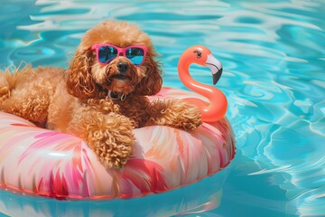 Sticker - Poodle Puppy in Funky Sunglasses, Lounging on a Flamingo Pool Float