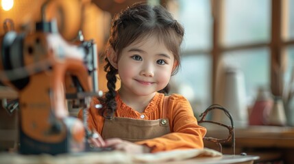 Wall Mural - Smiling Asian girl with braid twintails in bright orange knitted sweater sitting at a sewing table to sew cloth with a machine in her cozy home.