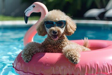 Canvas Print - Poodle Puppy in Funky Sunglasses, Lounging on a Flamingo Pool Float