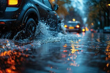 A car is driving through a flooded street with water splashing up