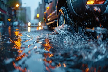 Wall Mural - A car is driving through a rainstorm, splashing water onto the street