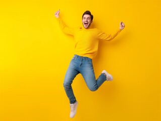 body size view of brunet guy jumping in air isolated over colorful background