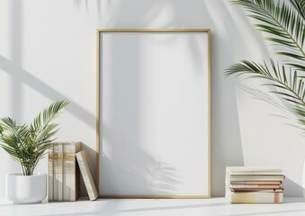 white poster frame mockup with books and plants on the side, white wall background, wooden picture frame, simple design, neutral colors, modern decor