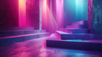 Wall Mural - Abstract geometric shapes illuminated with purple and ultraviolet light on a futuristic stage